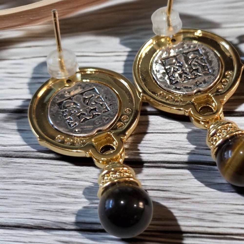 18k Gold Plated Ancient Coin Tigers Eye Dangle Drop Earrings - Picture 4 of 5